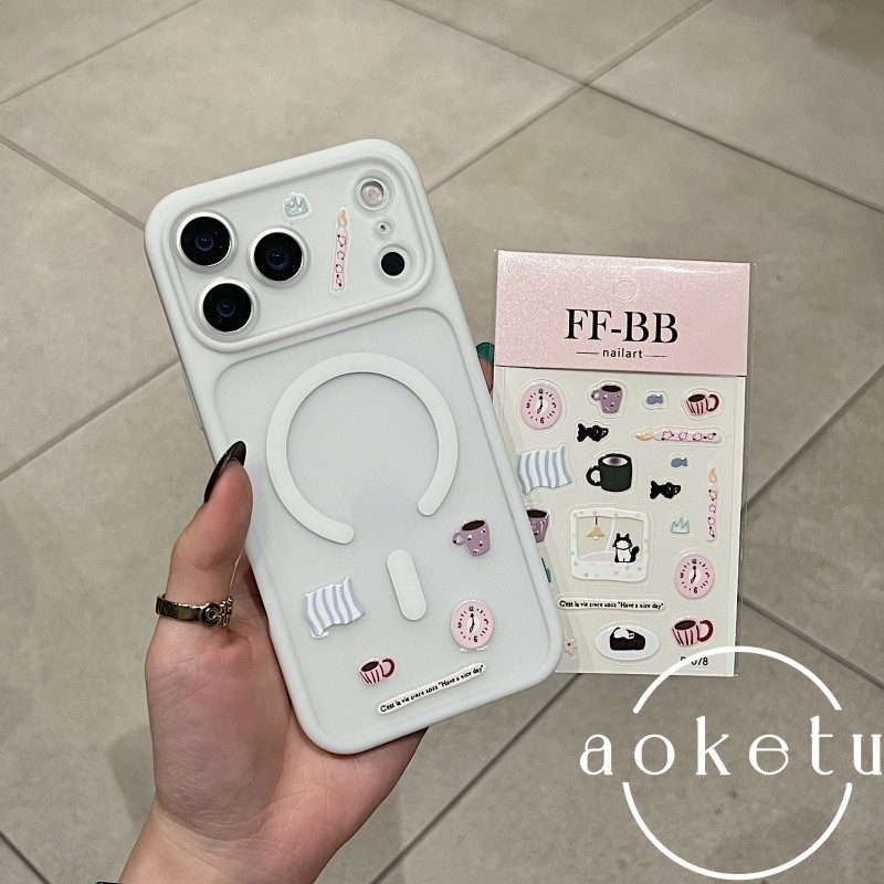 กรอบเลนส์ที่ถอดออกได้สร้างสรรค์ ทําเอง สติกเกอร์กาแฟแมวแม่เหล็กผิวดูดเคสโทรศัพท์เหมาะสําหรับ ไอโฟน 13 14 15 16 17 มือโปร สูงสุด กึ่งโปร่งใสรวมทุกอย่างป้องกันการตกฝา