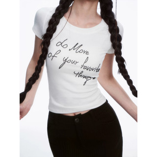  เสื้อยืดแขนสั้นตัวสั้นประดับเพชรตัวอักษรสีดำ สำหรับฤดูร้อน …