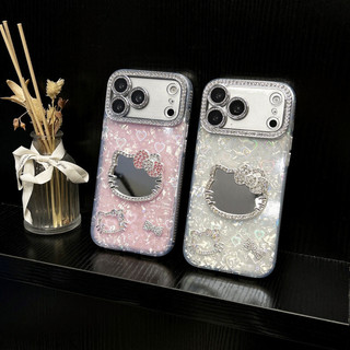 Kawaii Hello Kitty กระจกแต่งหน้าเคสโทรศัพท์สําหรับ iPhone 17 16 15 14 13 12 11 Pro Max Plus Air Shell Texture กันกระแทก