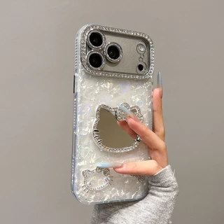 Kawaii Hello Kitty กระจกแต่งหน้าเคสโทรศัพท์สําหรับ iPhone 17 16 15 14 13 12 11 Pro Max Plus Air Shell Texture กันกระแทก