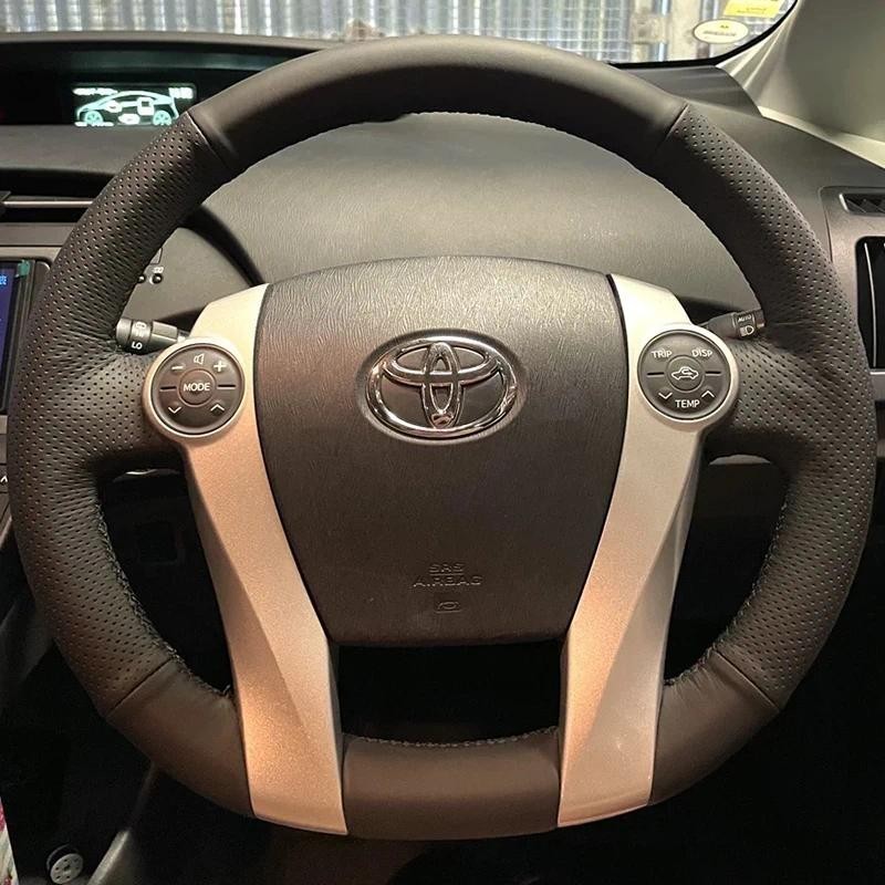 สําหรับ Toyota Prius 30 XW30 Prius C US 2012-2017 Hand-stitched หนังแท้สีดําลื่นพวงมาลัยรถ