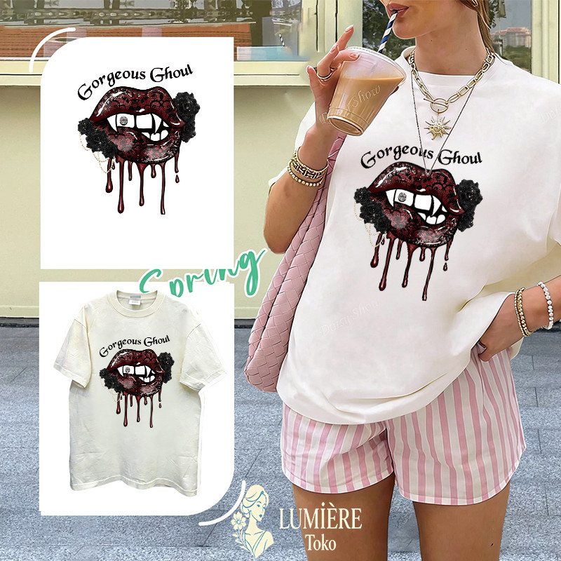 ร้านลูมิÈRE|Womens Vampire Gorgeous Ghoul Gothic Lip Motif เสื้อยืด Cool - เสื้อยืดแขนสั้นขนาดใหญ่เส