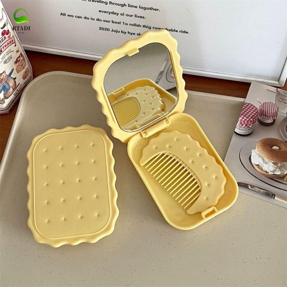 RTADI Biscuit Hand-Held Mirror, Mini Cheese Biscuit Design Biscuit Make-Up Mirror, Simple Folding Po