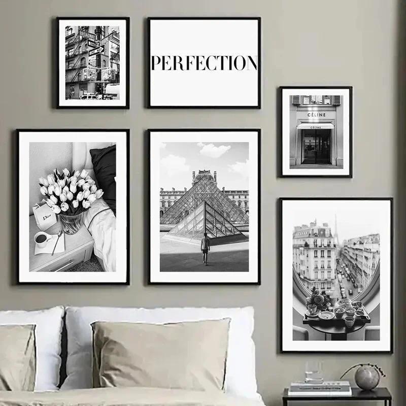 Wall Prints Canvas Art,Stylish สีดําและสีขาว Paris ผ้าขนหนู, Nordic Girl Fashion Shop โปสเตอร์, เหมา