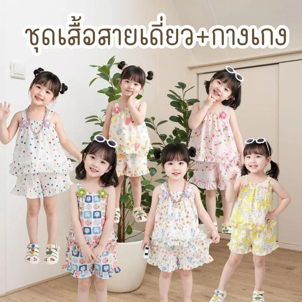 MooDeng Baby ชุดเซตเด็กหญิง ลายน่ารัก มี6ลาย เสื้อ สายเดี่ยว กางเกง เซต2ชิ้น ขาสั้น