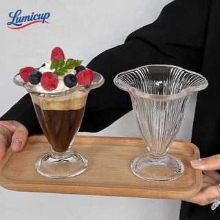 ถ้วยแก้วไอศกรีมทรงดอกไม้ มีฐาน แก้วของหวาน/ซันเดย์/กาแฟ ดีไซน์หรู สไตล์คาเฟ่