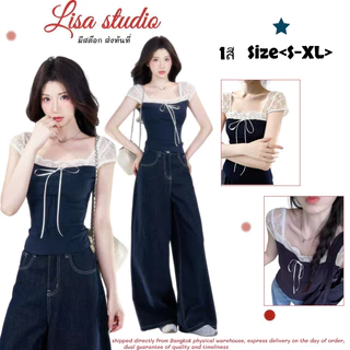 Lisa🌷พร้อมส่ง🧊เสื้อยืดแขนสั้นผู้หญิง เสื้อครอปแต่งลูกไม้ ดีไซน์โบว์เก๋ๆสไตล์ฝรั่งเศสสำหรับผู้หญิงคอสี่เหลี่ยม ทรงสวย