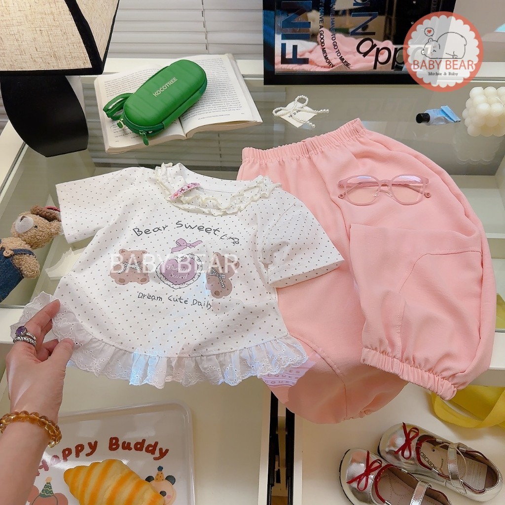 ชุดเซ็ตแฟชั่นเด็ก  ชุดเซ็ตลำลองเด็ก 2 ชิ้น เสื้อแขนสั้นกางเกงขายาว Size90-120cm