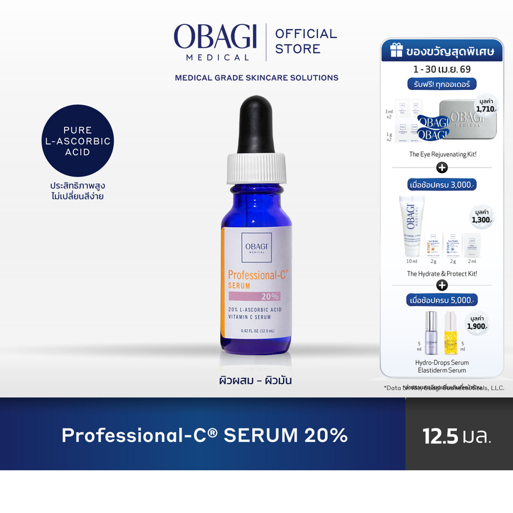 Obagi Medical Professional-C® Serum 20% 12.5 ml โอบาจิ เมดิคอล วิตามินซี เซรั่ม 20% 12.5 มล. กระจ่างใส สีผิวสม่ำเสมอ