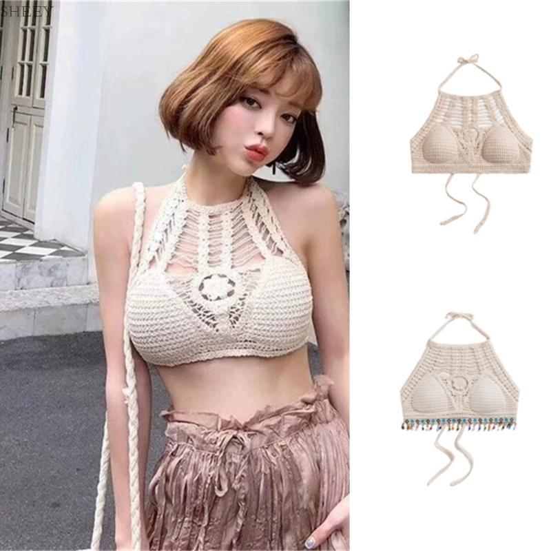 บิกินี่ Bohemian Halterneck Crop Top แบบไม่มีหลัง สไตล์เปิดช่วงหน้าท้อง สำหรับสวมใส่บนชายหาด