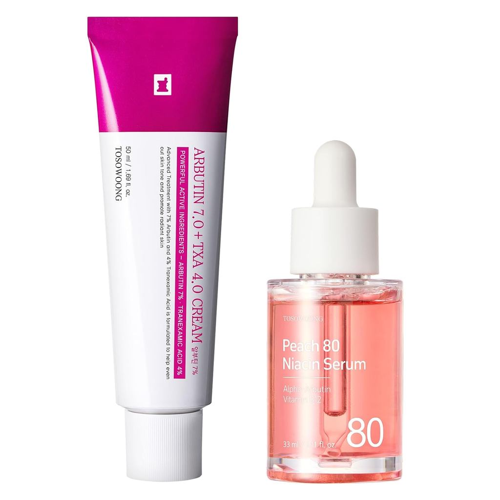 Radiance & Clarity Duo: TOSOWOONG Peach 80 Niacin Serum & Arbutin 7 Tranexamic Acid Cream สําหรับผิว