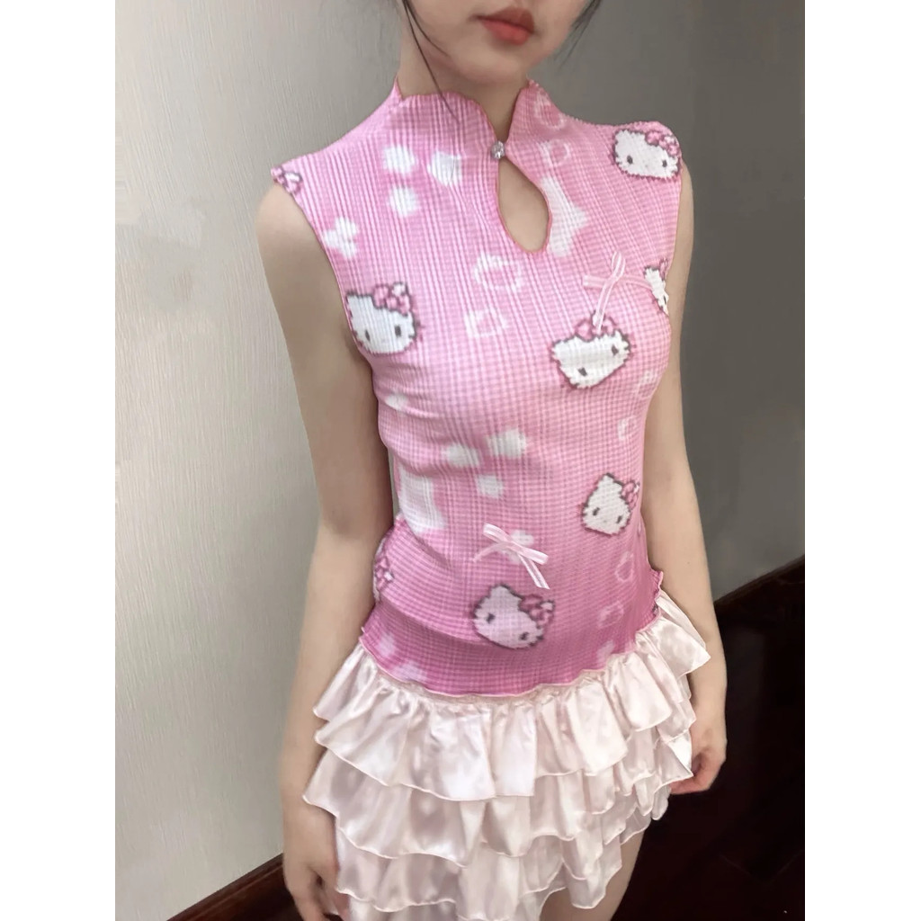 เสื้อกั๊กลายคิตตี้สไตล์ญี่ปุ่น แขนกุด คอเชิง.sam ยี2เค สำหรับฤดูร้อน