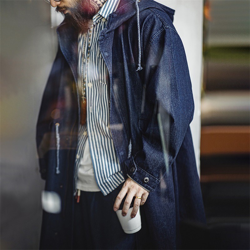 เครื่องมือสมัยใหม่ American Retro M51 Denim Denim Fishtail Windbreaker หลวมความยาวกลาง Hooded Jacket