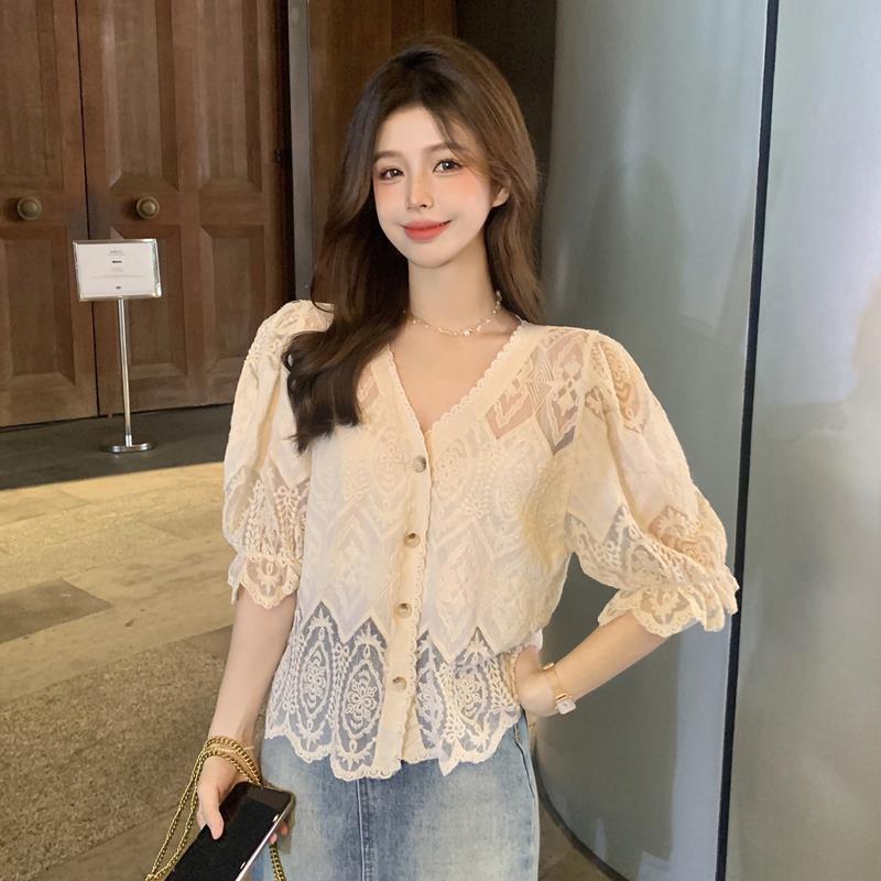 imoveเสื้อเชิ้ตลูกไม้คอวีทรงหลวมสําหรับผู้หญิงสไตล์เกาหลีแจ๊กเก็ตบางสั้นเก๋ด้านบน