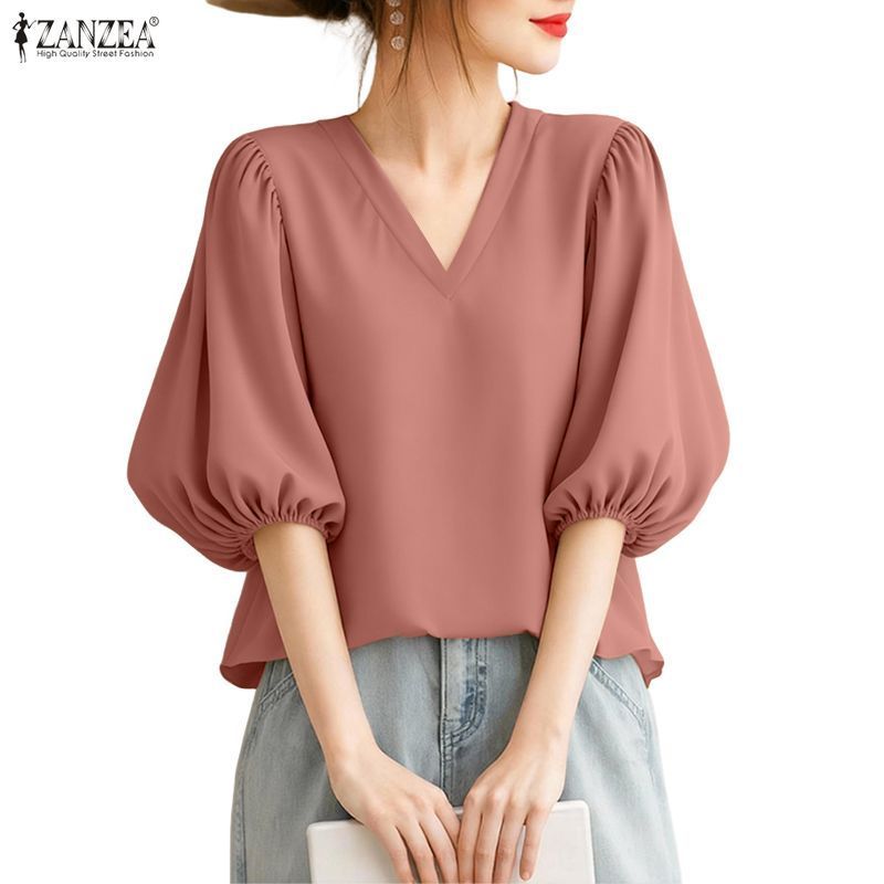ZANZEA ซานเซีย ผู้หญิงเกาหลีทุกวันลําลองแฟชั่นคอวีแขนพัฟสีทึบจีบเสื้อเรียบง่าย