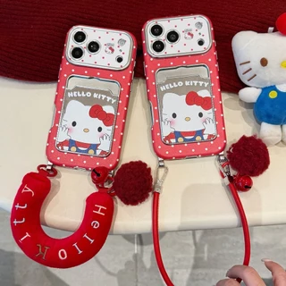 คิตตี้แมวหน้าต่างใส่การ์ดเหมาะสําหรับ ไอโฟน 17โปรแม็กซ์ ผิวเชือกแขวนเคสโทรศัพท์แอปเปิ้ล16/15/14/13