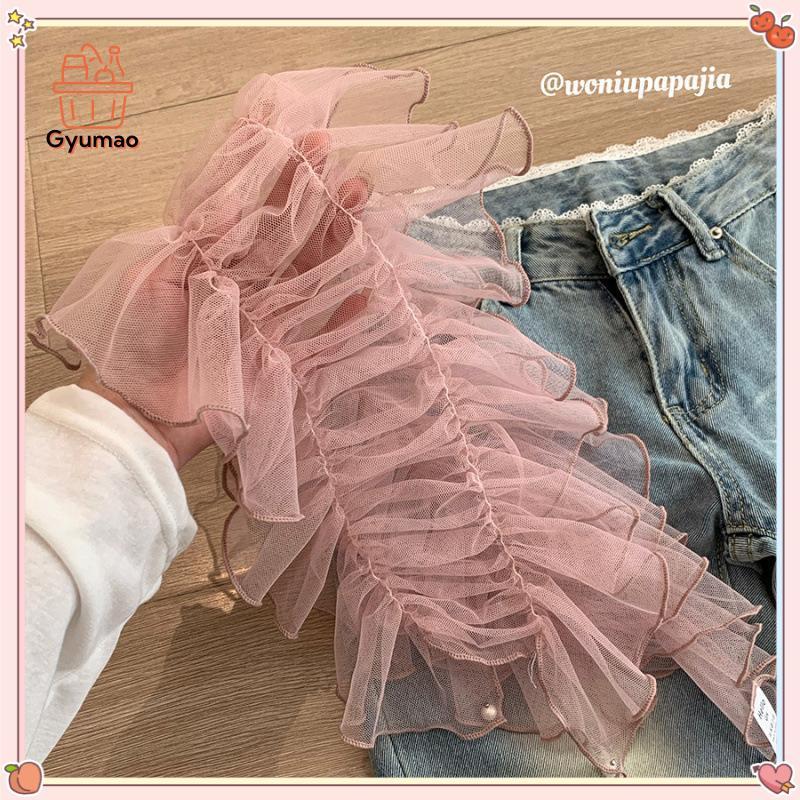 [Gyu] ใหม่ตาข่ายลูกไม้กระโปรง Ruffles Y2K Streetwear Ruched กระโปรง Harajuku ดูผ่านเอวจีบกระโปรงกางเ