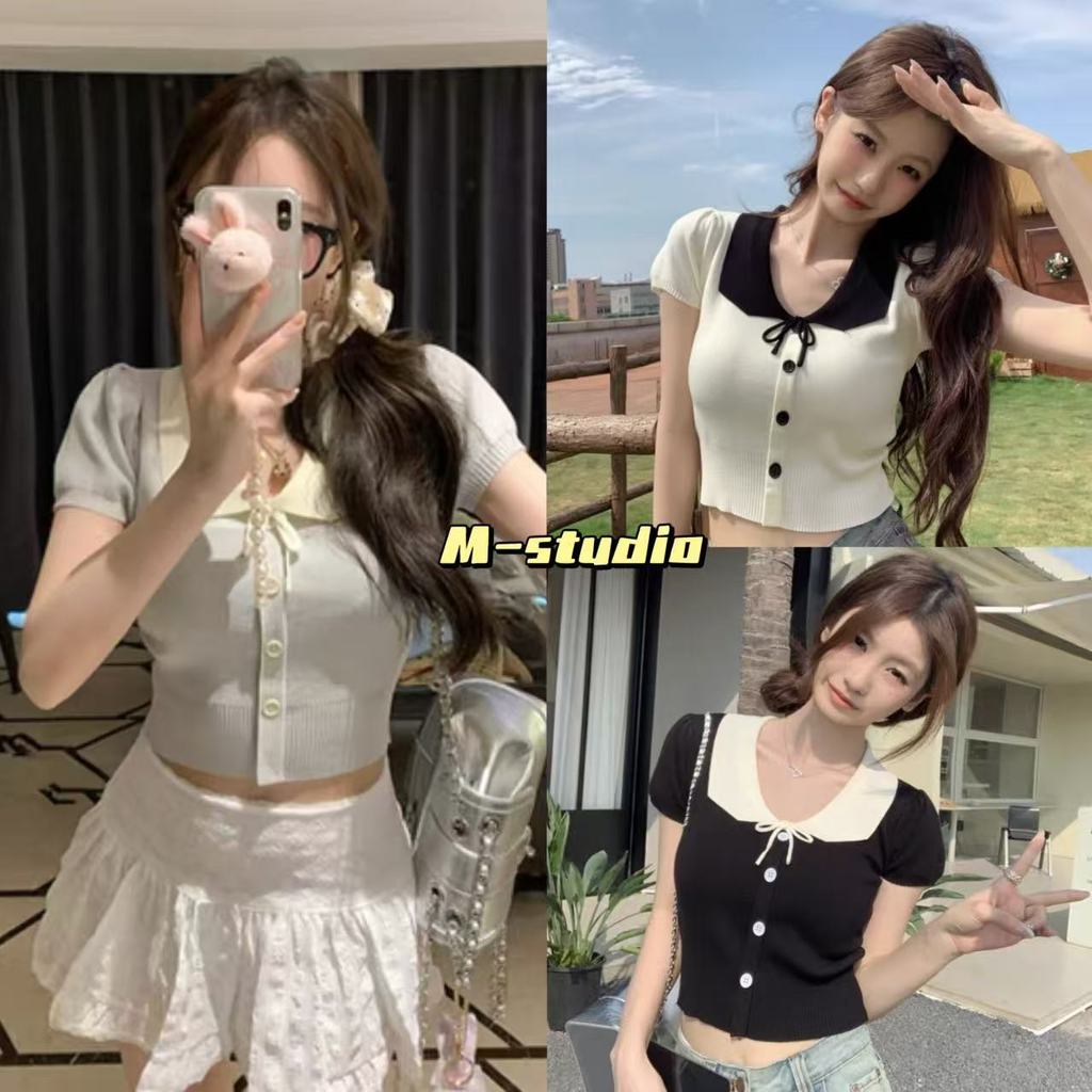 Maze*พร้อมส่ง*เสื้อยืดไหมพรมคอปก ติดโบว์เก๋ๆ สไตล์ทรงเสื้อครอป น่ารักๆ(83228)