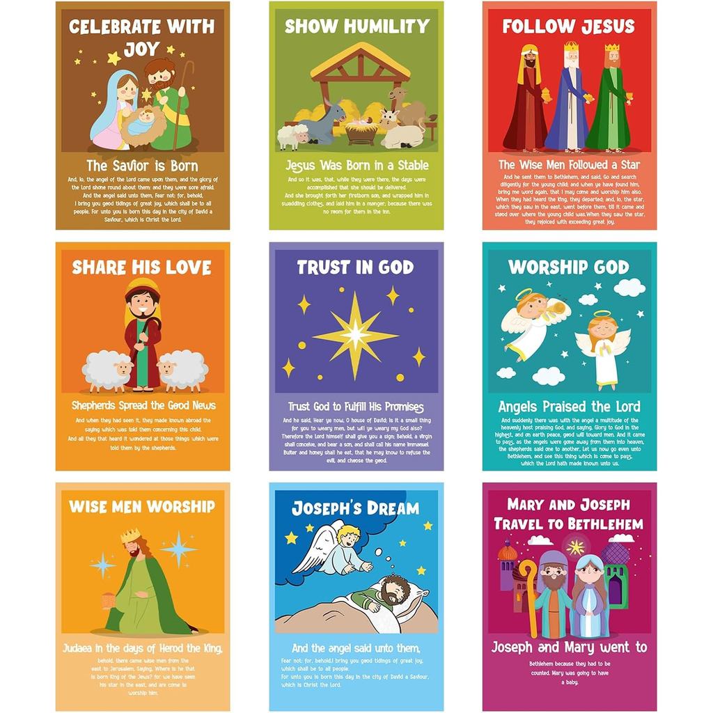 ReliThick 9 ชิ้นคริสเตียนคริสต์มาส Bulletin Board โปสเตอร์สําหรับห้องเรียนประสูติฉาก Story Decor Sto