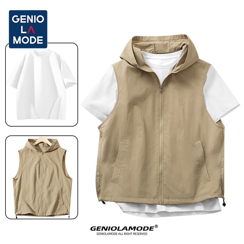 GENIO LAMODE เสื้อกั๊กมีฮู้ด Unisex กันน้ำ ระบายอากาศดี กระเป๋าหลายใบ สำหรับเดินป่า แคมป์ปิ้ง (พร้อมส่ง) M-3XL