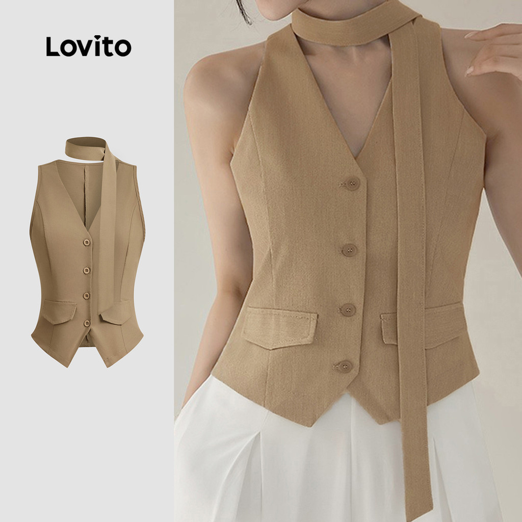 Lovito เสื้อเปิดหน้าแขนลูกไม้หรู ท็อปสีเบจสำหรับฤดูใบไม้ผลิ/ฤดูร้อน L142LD288