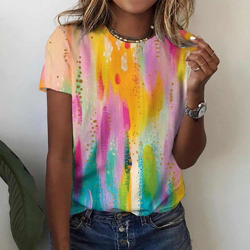 เสื้อยืดผู้หญิง.Gradientดอกไม้ 3D พิมพ์.O-คอสั้นแขนสั้น.Y2K Harajuku Streetwear