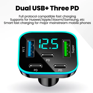 ที่ชาร์จในรถยนต์แบบ 5 พอร์ต 66W ชาร์จเร็ว 2USB 3Type C PD QC3.0 อะแดปเตอร์ชาร์จโทรศัพท์ในรถ
