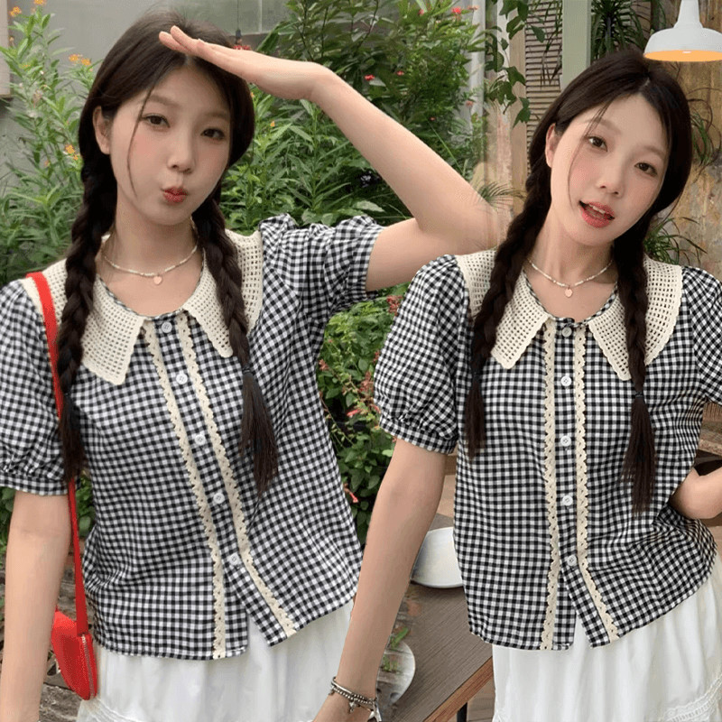 W678  เสื้อเชิ้ตแขนสั้นคอปกเบบี้ดอลล์แขนพองทรงหลวมแบบใหม่สำหรับผู้หญิง คอปกพับลง เหมาะสำหรับใส่ในฤดูร้อน