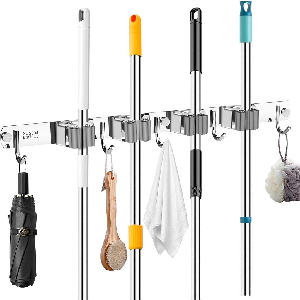 Mop and Broom Holder Wall Mounted, 4 Racks and 5 Hooks Broom, Upgraded Stainless Steel Broom Holder 