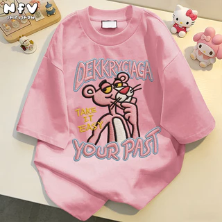 【จัดส่งตลอด 24 ชั่วโมง】NFV สไตล์เกาหลี💖เสื้อยืดเปล่า เสื้อยืดทรงหลวม Pink Panther ดีไซน์คลาสสิค ระบายอากาศ YG4497