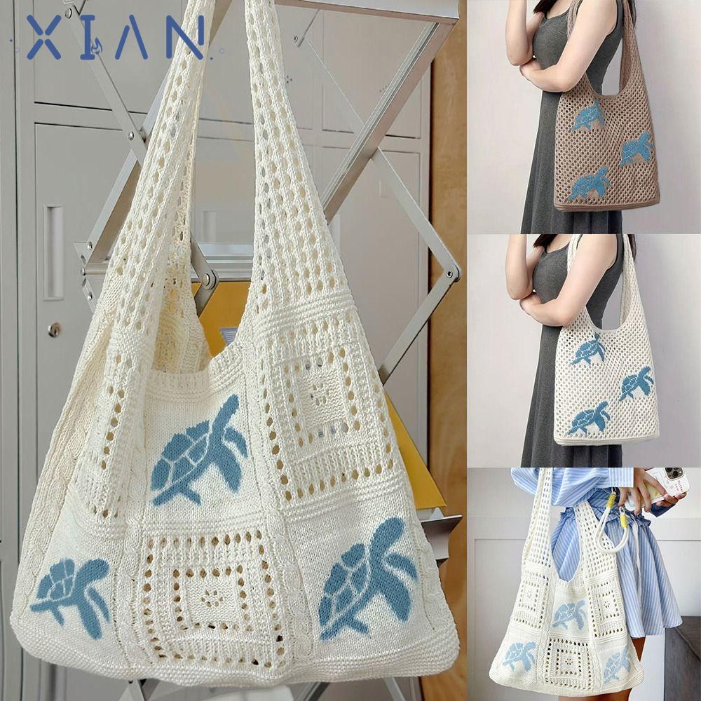 กระเป๋าทรอตใหญ่ XIANEN ถักด้วยลายการ์ตูนเต่า สีน้ำตาลและสีเบจ พกพาสะดวกสำหรับวันหยุดหรือสวมใส่ง่ายในแต่ละวัน