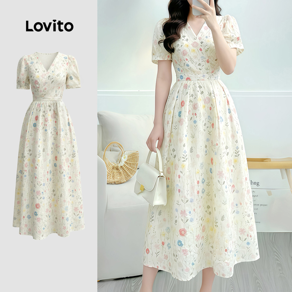 Lovito สง่างาม เดรสผู้หญิงลายดอกไม้สําหรับฤดูใบไม้ผลิ/ฤดูร้อน ใส่สบายและทันสมัย LK3ED1867