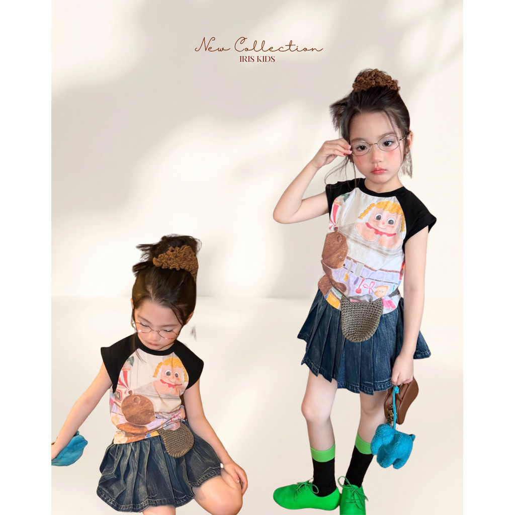 「สินค้าลิขสิทธิ์แท้」IRIS KIDS 26ss IKS260325 Playful Denim Skirt Set ชุดเด็กหญิง สายแฟชั่น เสื้อยืด กระโปรงยีนส์จีบล้อม
