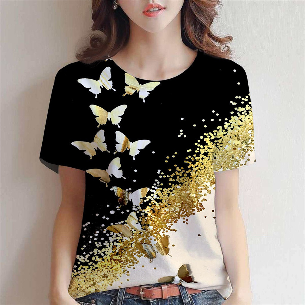 เสื้อ-tank สไตล์ summers สำหรับผู้หญิง ออกแบบ 3D ลายผีเสื้อรอบคอ แขนสั้น พิมพ์แฟชั่น Plus Size ยุค Y