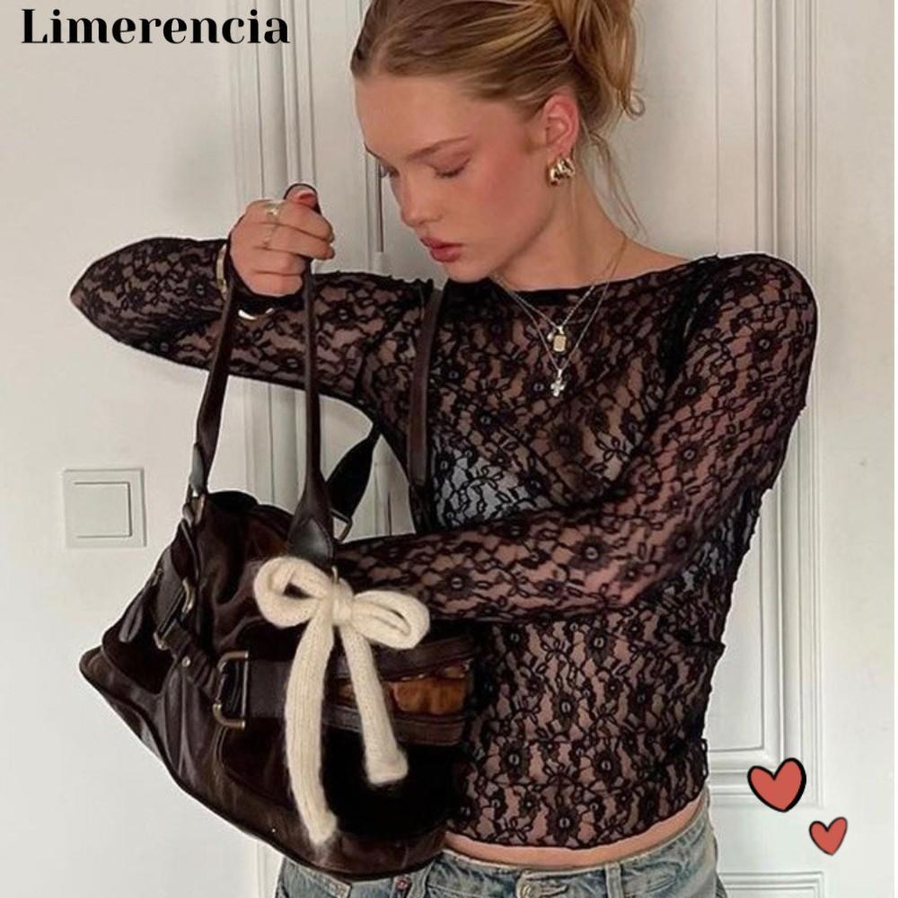 LIMERENCIA เสื้อครอปลูกไม้, ตาข่ายดอกไม้สีทึบ Bodycon เสื้อยืด, Y2K สไตล์ดูผ่าน O คอแขนยาวชุดราตรี T
