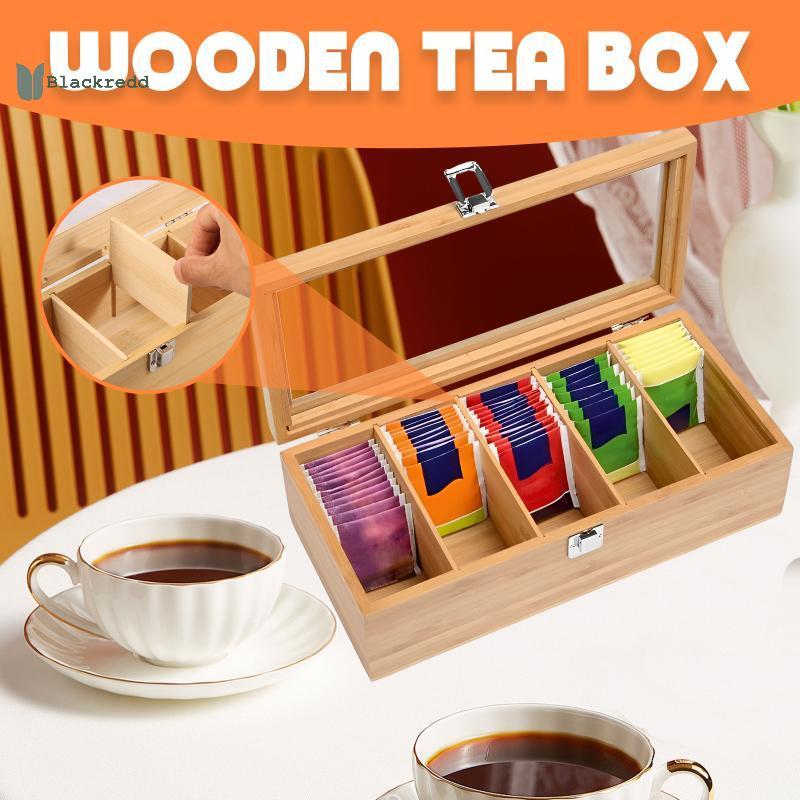 BRED Bamboo Tea Bag Organizer กล่องเก็บไม้แบบพกพา Five Section Tea Paget Holder for Tea Room Kitchen Counter.