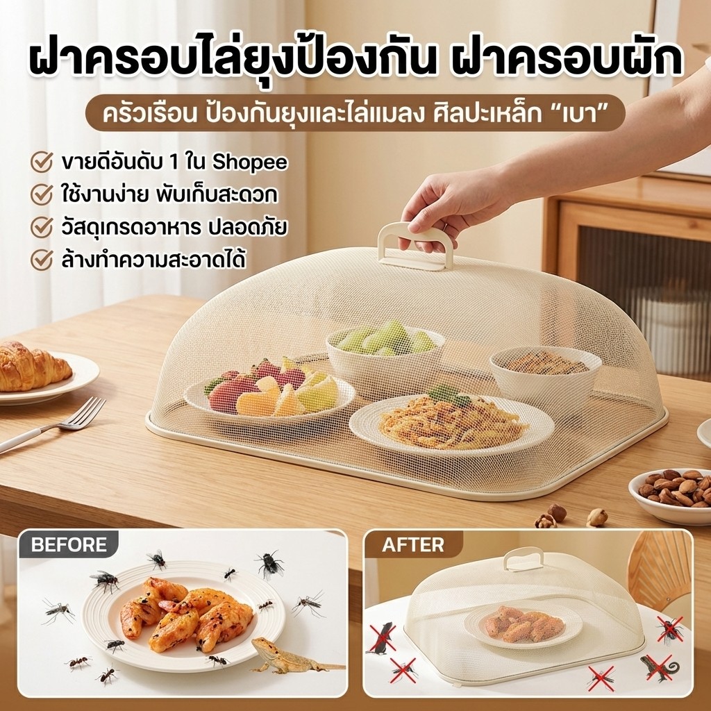 【กันแมลง】ตะกร้าครอบอาหาร/สแตนเลส/ ฝาครอบอาหารพร้อมถาดทรงกลม