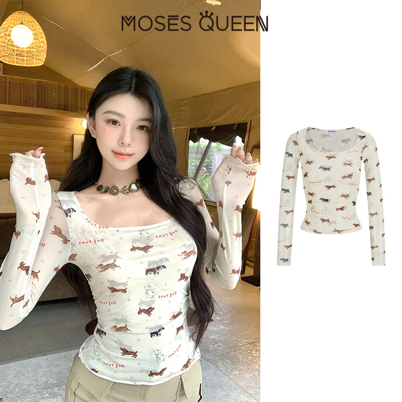< MOSESQUEEN >  เสื้อยืดแขนยาวคอเหลี่ยมพิมพ์ลายลูกสุนัขตลก,เสื้อชั้นฐานติดตั้ง,ด้านบนมีสไตล์ #63556