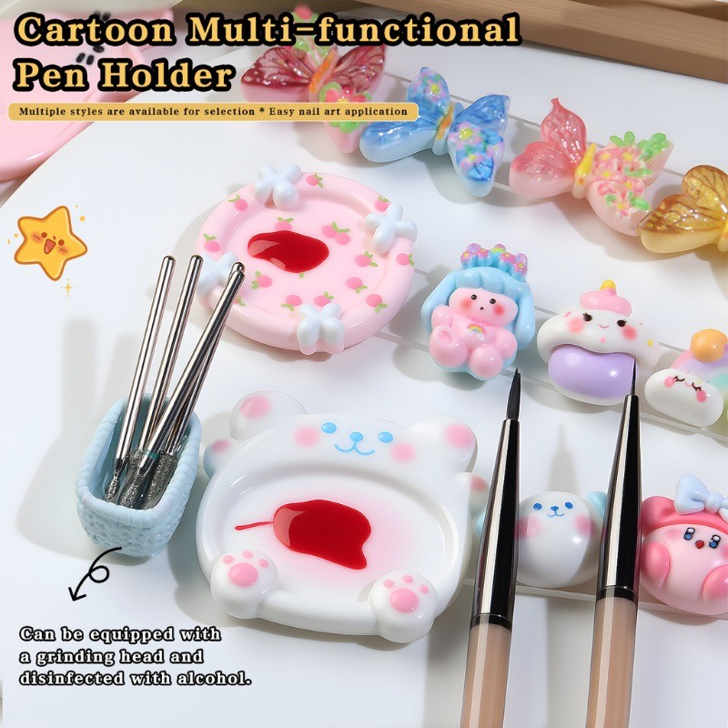 2In1 Mini Cartoon Cat&Butterfly Color Palette Pen Rest Holder Stand Nail Art ผสมสี Drawing Color Palette เครื่องมือทําเล็บ