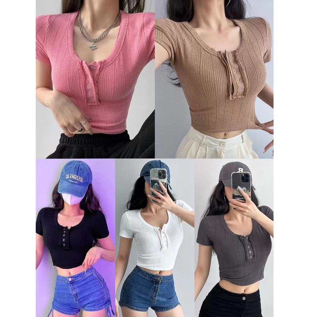 Slim-fit Slimmer ดูเกาหลีรุ่นใหญ่รอบคอ Bottoming เสื้อผู้หญิงผอมแขนสั้นเสื้อยืดผู้หญิงสีทึบสั้นขายส่