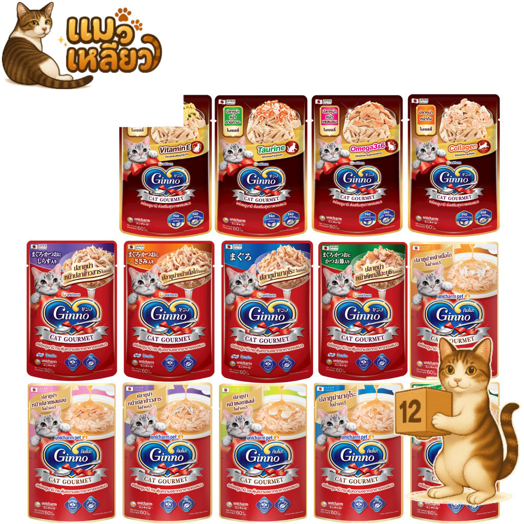 (ยกโหล 12 ซอง) Ginno Premium Wet Cat Food กินโนะ อาหารเปียกแมว ไม่เติมเกลือ เปียกแมว ขนาด 60g