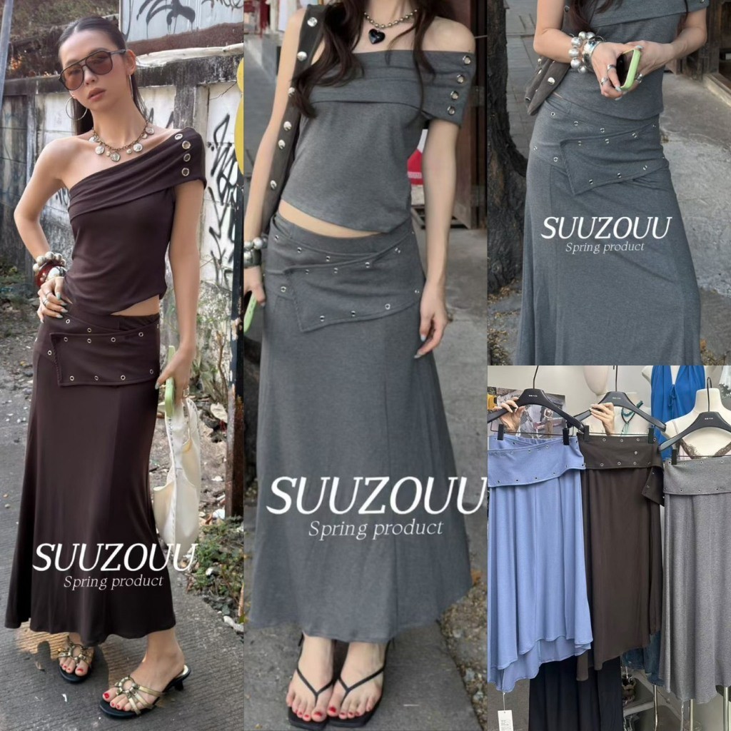 ❤ 🧵 🇰🇷 SU093 กระโปรงยาว ผ้าพริ้ว แต่งเอวด้วยผ้าพาด แต่งแะไหล่ห่วงสีเงิน ทรงสวย แฟชั่นเกาหลี TAG MM Fish 🧡