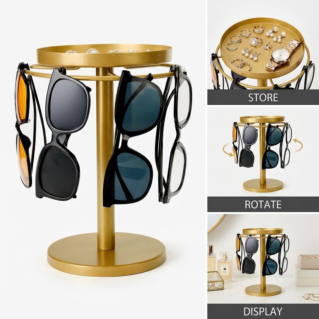 แว่นตากันแดดOrganizer 360 องศาหมุนขาตั้งแว่นตาสแตนเลสพร้อมถาดเครื่องประดับสําหรับโต๊ะDresser Nightstandใช้ติดตั้งง่ายกว้างใช้ในบ้าน