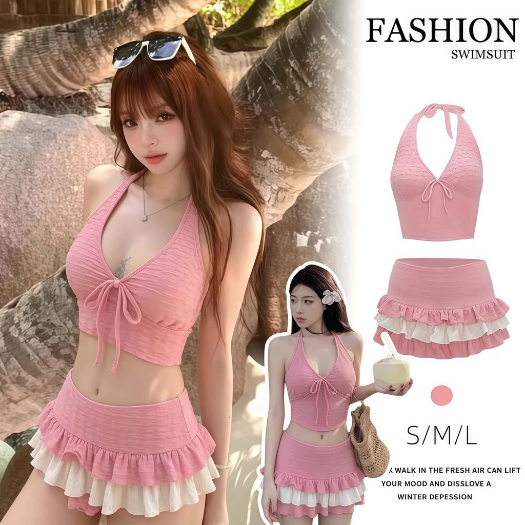 Hot.Bikini🌴🏖️เสื้อกล้าม + กระโปรงสั้น เซต 2 ชิ้น สีชมพู ใส่ไปทะเล ผูกคอ โชว์หลัง คอวีลึก โบว์ประดับ ส่งไวจากไทย