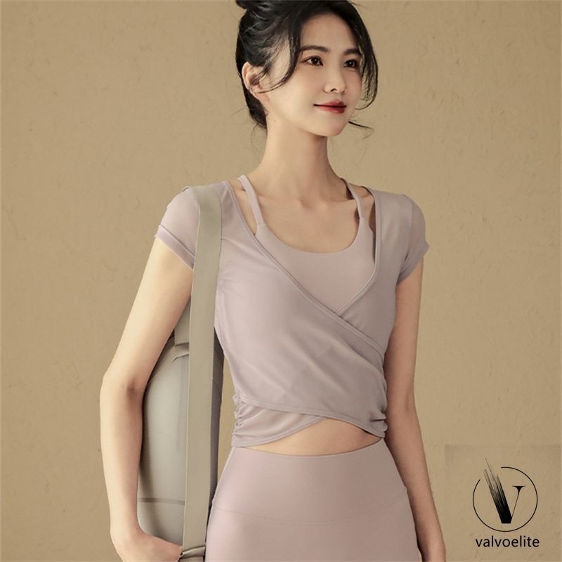 จีบเสื้อผ้าโยคะเสื้อแขนสั้น Slim-fit Slimmer ดูฟิตเนส G#褶皱瑜伽服短袖上衣修身显瘦健身普