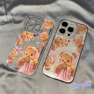 เคสไอโฟน หมวกสีชมพู หมีเนย เคสใส กันกล้อง cho iPhone 11 12 13 14 15 16 ProMax X XR XS Max 7 8Plus-CL