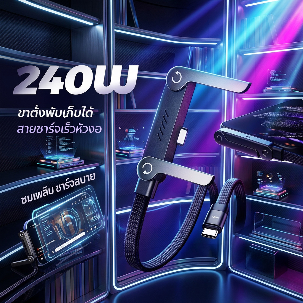 240W สายชาร์จเร็ว หัวงอ 90° พร้อมขาตั้งพับได้ 2in1 สายถักทนทาน ชาร์จไวพิเศษ สำหรับแท็บเล็ต/มือถือ พอร์ต Type-C