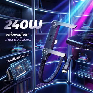 240W สายชาร์จเร็ว หัวงอ 90° พร้อมขาตั้งพับได้ 2in1 สายถักทนทาน ชาร์จไวพิเศษ สำหรับแท็บเล็ต/มือถือ พอร์ต Type-C