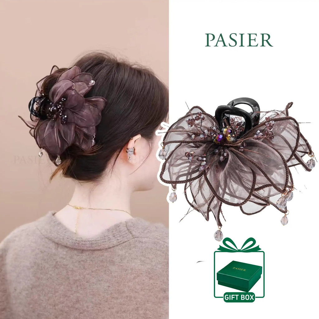 PASIER กิ๊บติดผมปลาหมึกออร์แกนซ่าหลายชั้น ประดับคริสตัล งานแฮนด์เมดหรูหรามีวอลลุ่ม FB3270