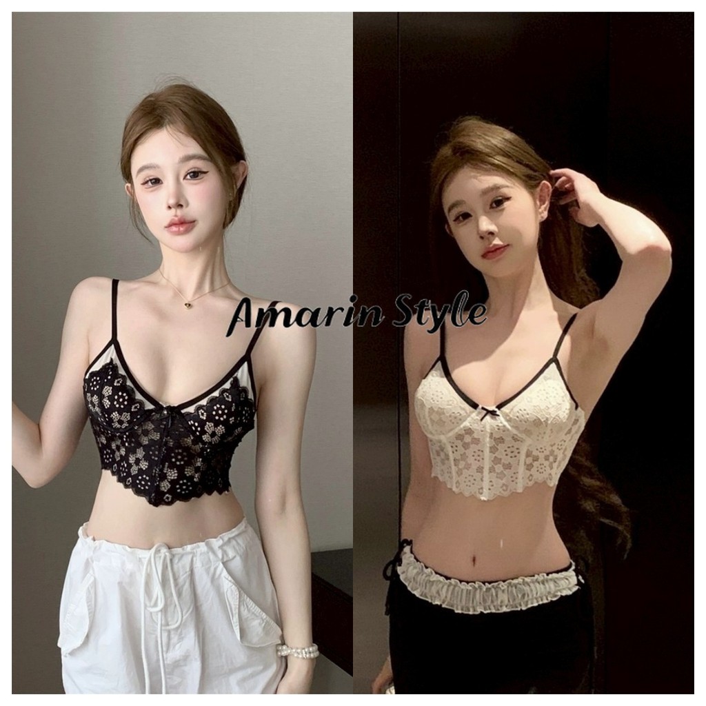 Amarin🌸พร้อมส่ง🌸【เสื้อครอป】 สายเดี่ยวลายลูกไม้สีขาวดำ ใส่พอดีตัวเซ็กซี่ ใส่เดทแล้วมีเสน่ห์ FY20233